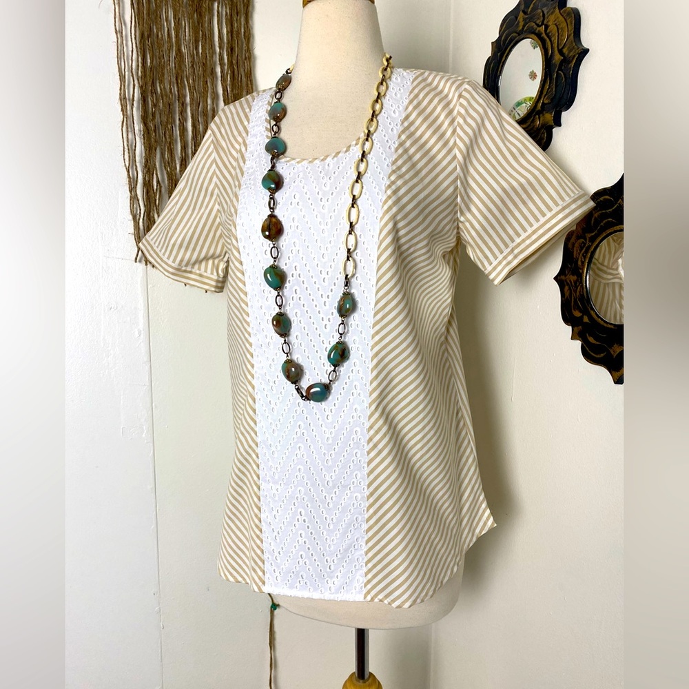 NWOT C.wonder short sleeve multi directional stripes tan cream white lace top S